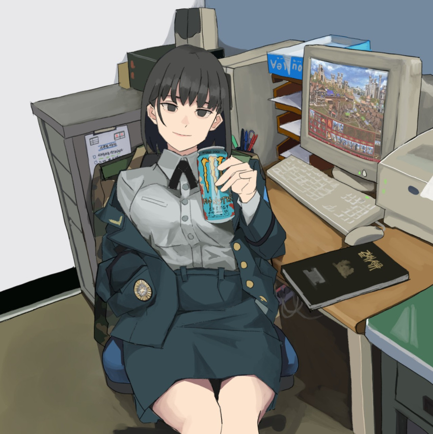 1girl black_eyes black_hair blue_jacket blue_skirt book cabinet can chair computer grey_shirt hand_in_pocket heroes_of_might_and_magic highres holding holding_can jacket keyboard_(computer) looking_at_viewer monitor monster_energy mouse_(computer) office office_chair original paper pencil pencil_skirt police police_uniform printer product_placement shirt short_hair sitting skirt solo speaker swivel_chair table uniform wani_(perfect_han)