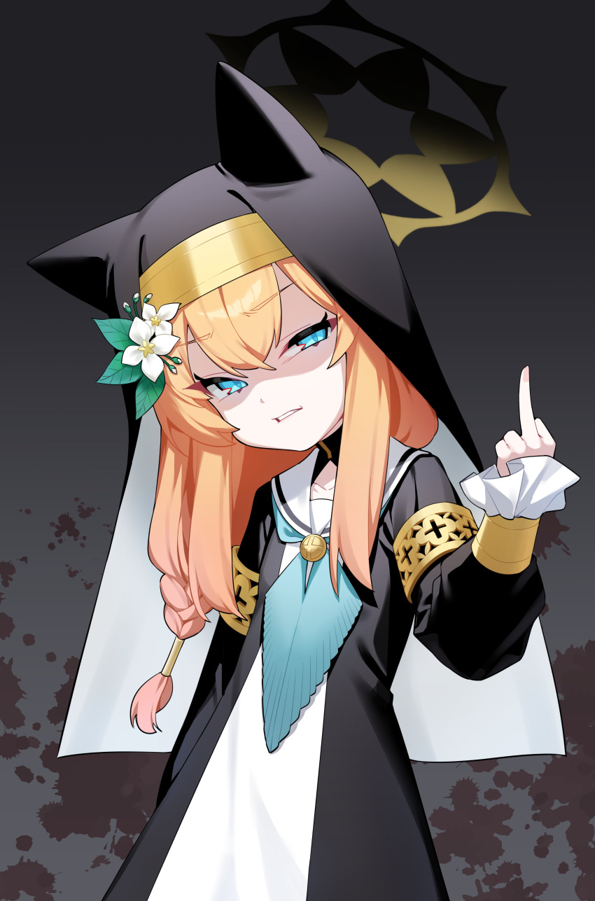 1girl absurdres animal_ears aqua_eyes arm_at_side black_dress blood blood_splatter blue_archive braid clenched_teeth disgust dress flat_chest flower furrowed_brow gradient_background habit hair_flower hair_ornament halo hand_up highres honi_(honi1010) long_hair looking_at_viewer mari_(blue_archive) middle_finger neckerchief orange_hair sailor_collar shaded_face single_braid sleeves_past_wrists solo teeth upper_body