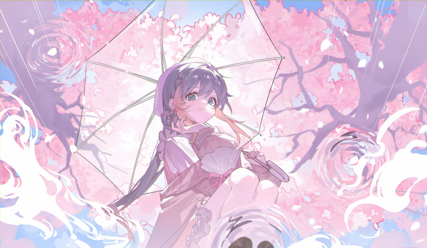 1girl absurdres bare_legs black_footwear black_hair brown_cardigan cardigan cherry_blossoms cherry_tree chinese_commentary commentary_request dress green_eyes hand_up highres holding holding_umbrella kerchief lai_dou_laile_555 long_hair long_sleeves looking_at_viewer multicolored_hair nijisanji nijisanji_en orange_hair outdoors petra_gurin petra_gurin_(3rd_costume) pink_dress rain reflection ripples shirt sidelocks smile solo squatting streaked_hair umbrella virtual_youtuber white_shirt