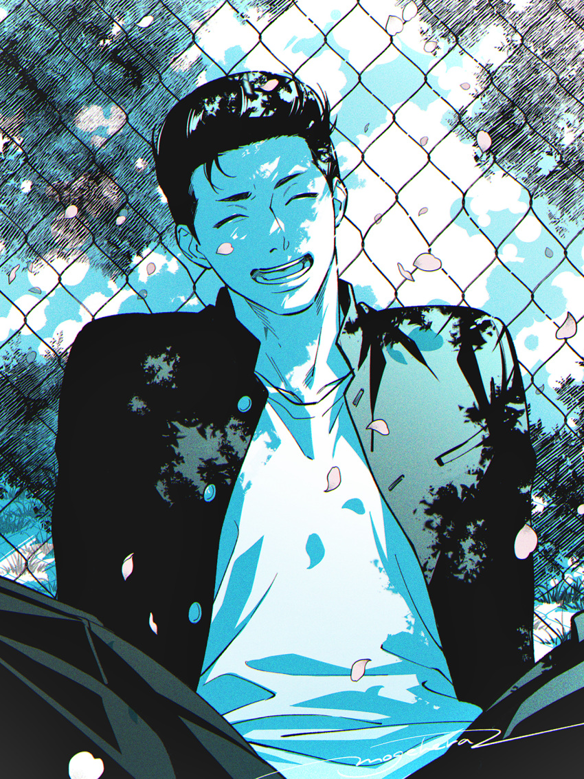 1boy blue_theme closed_eyes dappled_sunlight day falling_petals gakuran hair_slicked_back happy highres jacket male_focus mito_youhei moge-hera monochrome open_clothes open_jacket open_mouth outdoors pants petals pompadour school_uniform shirt short_hair sitting_on_bench slam_dunk_(series) smile solo sunlight wire_fence