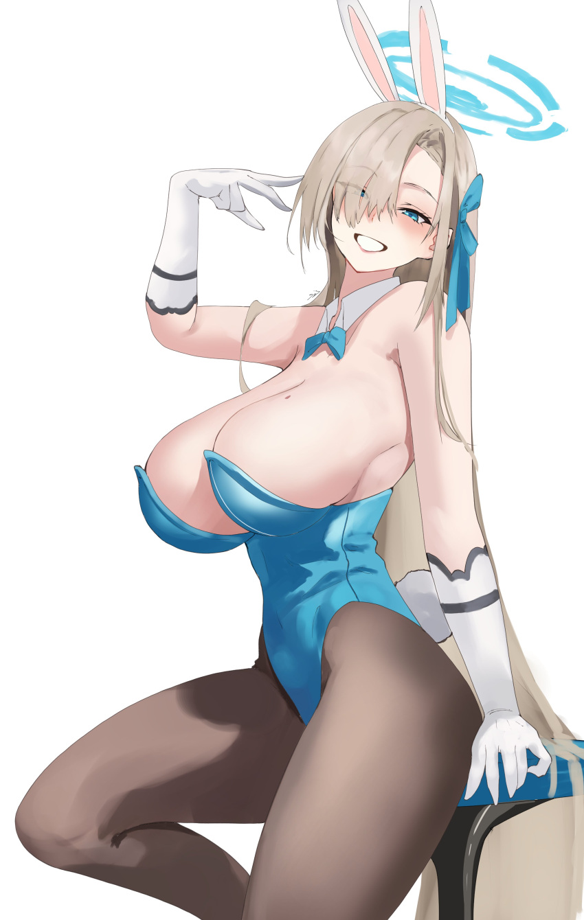 1girl absurdres animal_ears asuna_(blue_archive) asuna_(bunny)_(blue_archive) bare_shoulders blue_archive blue_eyes blue_leotard blue_ribbon blush breasts brown_pantyhose cleavage detached_collar elbow_gloves fake_animal_ears fake_tail gloves grin hair_over_one_eye hair_ribbon halo highleg highleg_leotard highres kasumi_saika large_breasts leotard light_brown_hair long_hair looking_at_viewer official_alternate_costume pantyhose playboy_bunny rabbit_ears rabbit_tail ribbon sideboob smile solo stool tail thighs very_long_hair white_gloves