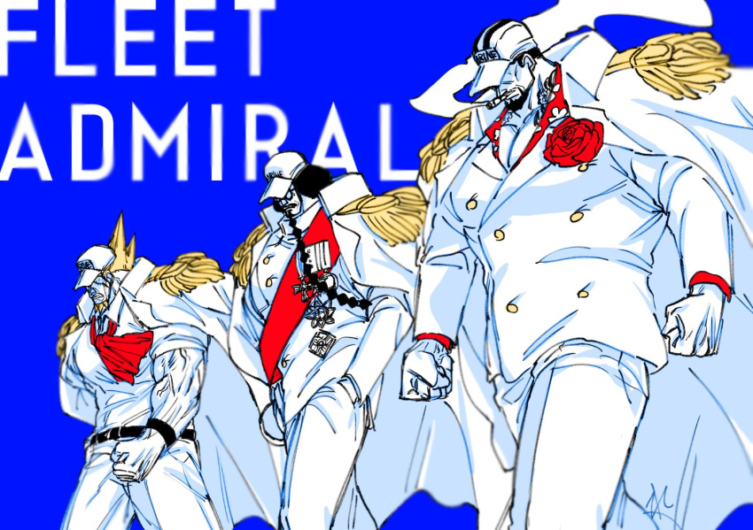 3boys bara character_request clenched_hands coat feet_out_of_frame gloves hat_over_eyes huge_pectorals large_hands large_pectorals male_focus multiple_boys multiple_monochrome muscular muscular_male old old_man one_piece pectoral_cleavage pectorals re_kitchen sakazuki_(akainu) sengoku_(one_piece) short_hair thick_eyebrows veins veiny_arms walking