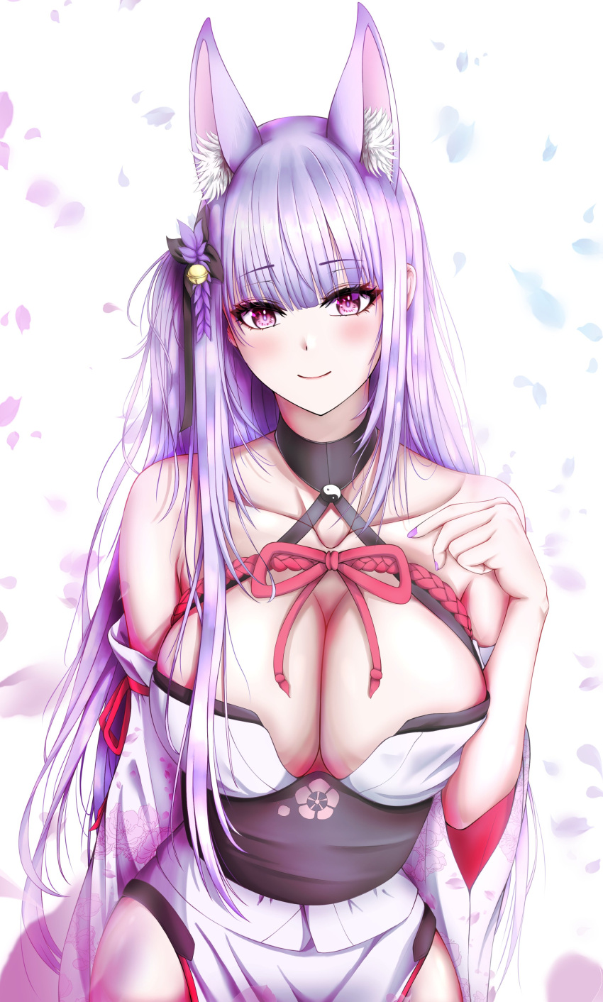 1girl absurdres animal_ear_fluff animal_ears bare_shoulders blush breasts cleavage closed_mouth collarbone detached_sleeves flower fox_ears fox_girl hair_flower hair_ornament highres indie_virtual_youtuber japanese_clothes kamishiro_natsume kitsune large_breasts long_hair looking_at_viewer petals purple_eyes purple_hair purple_nails red_ribbon ribbon sash smile solo virtual_youtuber wide_sleeves yuyukko