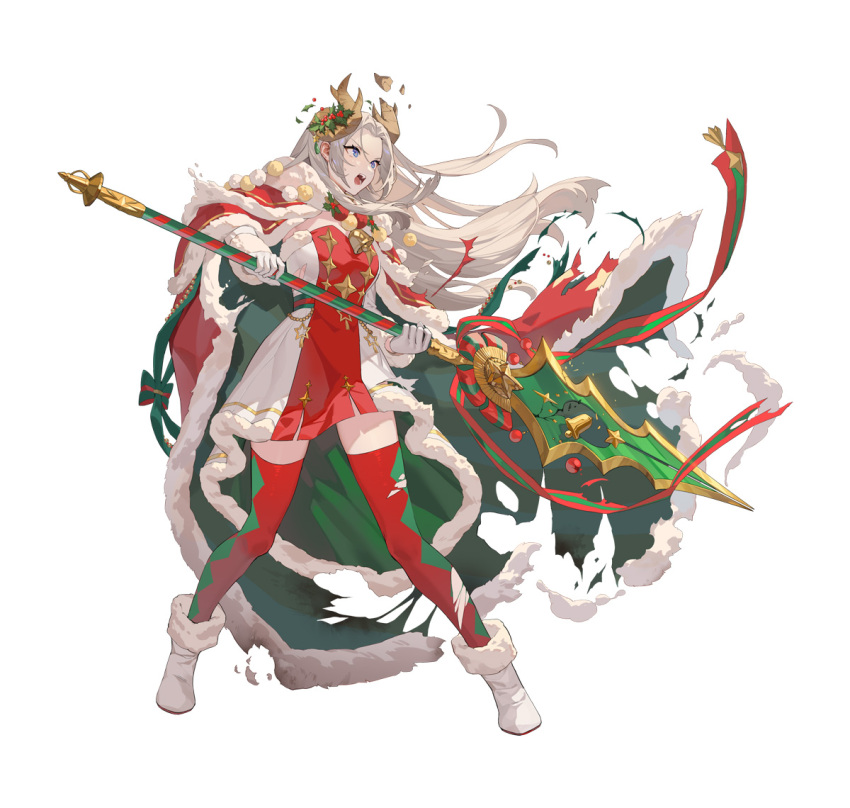 1girl blue_eyes cape damaged diamond_print dress edelgard_von_hresvelg edelgard_von_hresvelg_(snowfall_future) fake_horns fire_emblem fire_emblem:_three_houses fire_emblem_heroes gloves green_cape high_heels holding holding_polearm holding_weapon horns long_hair multicolored_clothes multicolored_dress official_alternate_costume official_art open_mouth polearm red_cape red_dress red_thighhighs solo teeth teffish thighhighs torn_cape torn_clothes upper_teeth_only v-shaped_eyebrows weapon white_dress white_footwear white_gloves white_hair