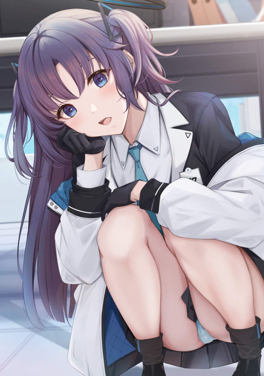 1girl black_gloves black_skirt blue_archive blue_eyes blue_necktie collared_shirt gloves halo highres indoors jacket long_hair long_sleeves looking_at_viewer miniskirt necktie open_clothes open_jacket open_mouth panties pantyshot parted_bangs pleated_skirt purple_hair shirt sidelocks skirt solo squatting two-sided_fabric two-sided_jacket two_side_up underwear white_panties white_shirt yuuka_(blue_archive) yuzuyu_(hyui)