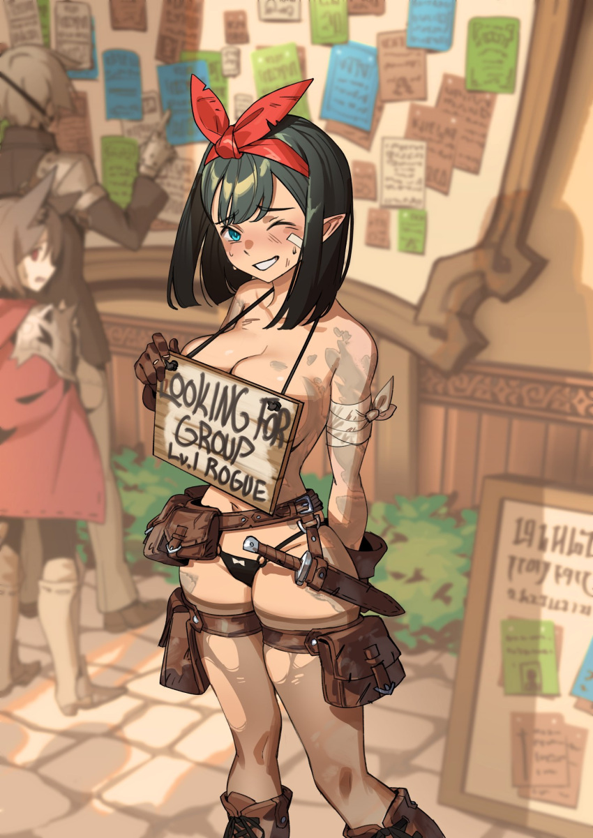 1boy 2girls arm_behind_back bandage_on_face bandaged_arm bandages belt belt_pouch black_hair black_panties blue_eyes blurry blurry_background blush bow bow_panties breasts brown_gloves bulletin_board cleavage collarbone elezen elf english_text feet_out_of_frame final_fantasy final_fantasy_xiv gloves grin hair_bow highres holding holding_sign injury knife large_breasts leather leather_belt leather_gloves looking_at_viewer loose_belt miqo'te multiple_girls narrow_waist navel one_eye_closed outdoors panties pointy_ears pouch sheath sheathed sign smile solo_focus swept_bangs thigh_pouch thighhighs topless torn_clothes torn_thighhighs underwear violet_sears