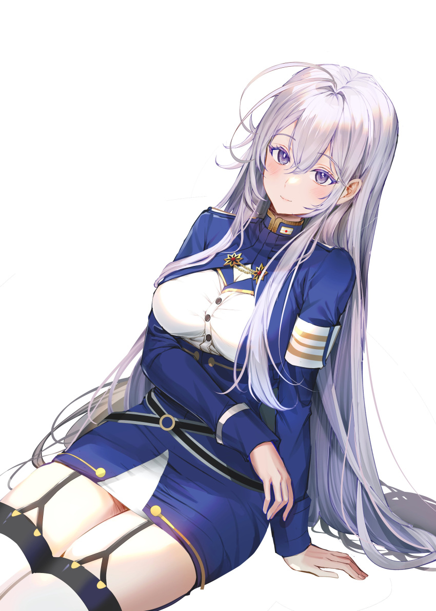 1girl 86_-eightysix- a_(sofi3103) absurdres antenna_hair arm_support belt black_garter_straps blue_jacket blush breasts cowboy_shot cropped_jacket garter_straps grey_hair hair_between_eyes high-waist_skirt high_collar highres invisible_chair jacket large_breasts leaning_to_the_side long_hair looking_at_viewer military_jacket military_rank_insignia military_uniform o-ring o-ring_belt pencil_skirt purple_hair shirt sidelocks simple_background sitting skirt smile solo taut_clothes taut_skirt thighhighs tight_clothes tight_shirt uniform very_long_hair vladilena_millize white_background white_shirt white_thighhighs