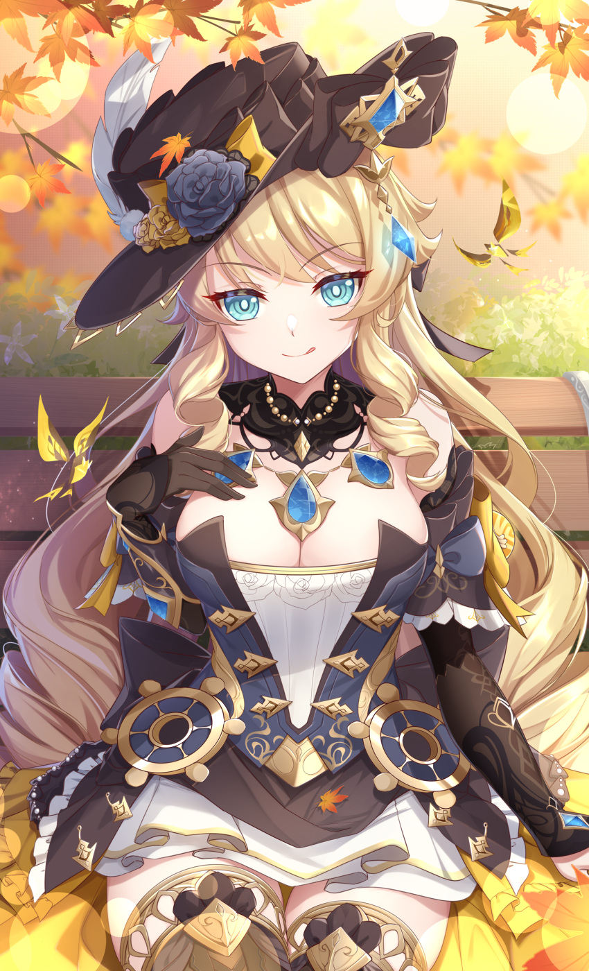 1girl absurdres autumn_leaves bare_shoulders bench black_flower black_gloves black_headwear black_rose blonde_hair blue_eyes blue_gemstone bodice breasts brooch cleavage detached_sleeves dress drill_hair drill_sidelocks flower fold-over_gloves gem genshin_impact gloves gold_trim_bow hat hat_feather hat_flower highres jewelry kaede_uehara lace-trimmed_collar lace_trim large_breasts licking_lips long_hair looking_at_viewer medium_breasts navia_(genshin_impact) outdoors park_bench rose short_dress showgirl_skirt sidelocks sitting smile solo strapless strapless_dress swept_bangs thigh_gap thighs tongue tongue_out very_long_hair yellow_flower yellow_rose