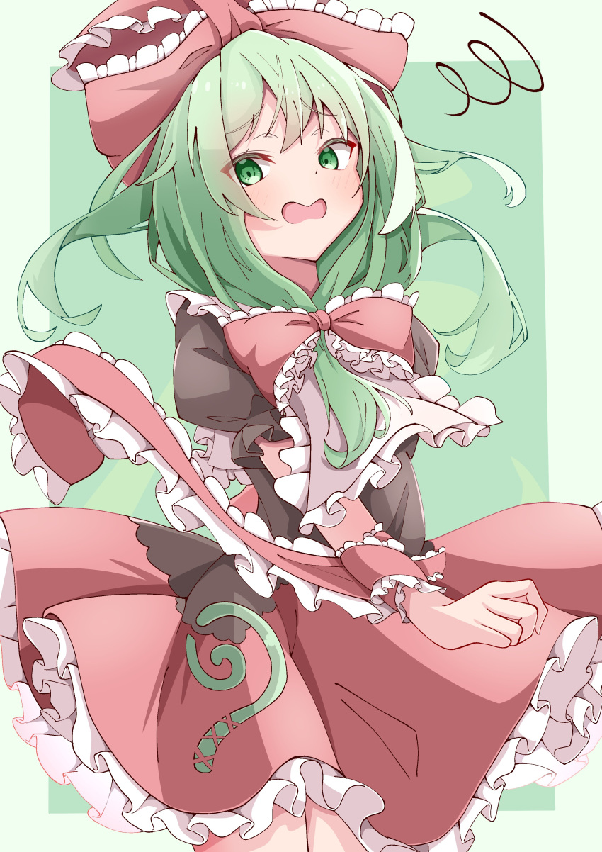1girl absurdres arm_ribbon bow dress embarrassed frilled_bow frilled_dress frilled_ribbon frills front_ponytail green_background green_eyes green_hair hair_bow highres kagiyama_hina long_hair open_mouth red_bow red_dress ribbon saimu_taju short_sleeves solo thighs touhou two-tone_background