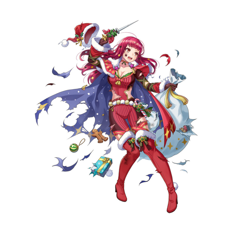 1girl blue_cape bodysuit boots breasts cape cleavage damaged fire_emblem fire_emblem_engage fire_emblem_heroes hair_ornament hat holding holding_sack katze-reis-kuchen--nyankoromochi long_hair medium_breasts mistletoe mistletoe_hair_ornament multicolored_cape multicolored_clothes official_alternate_costume official_art open_mouth red_bodysuit red_cape red_footwear red_hair sack santa_hat solo star_(symbol) star_hair_ornament star_print teeth thigh_boots torn_cape torn_clothes yunaka_(fire_emblem) yunaka_(fire_emblem)_(spirited_envoy)