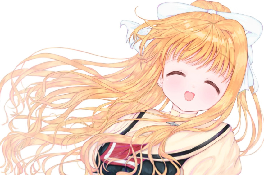 1girl air_(visual_novel) ascot black_dress blonde_hair blue_eyes closed_eyes dress facing_viewer hair_ribbon highres kamio_misuzu long_hair open_mouth ponytail red_ascot ribbon sailor_collar sakata_misuzu school_uniform shirt sidelocks simple_background smile solo white_background white_ribbon yellow_sailor_collar yellow_shirt