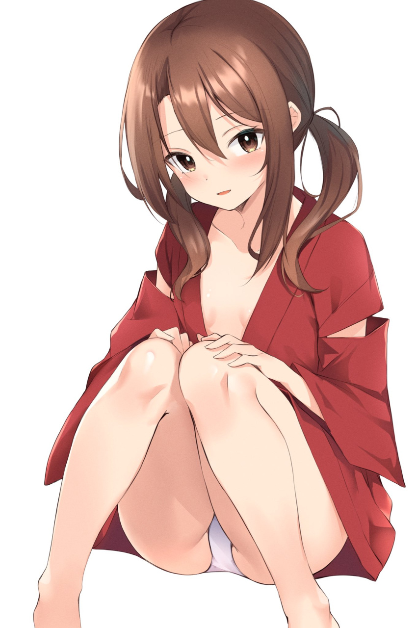 1girl alternate_hairstyle breasts brown_eyes brown_hair commentary_request feet_out_of_frame highres japanese_clothes kantai_collection kimono long_hair low_twintails open_clothes open_kimono panties red_kimono simple_background small_breasts solo twintails underwear white_background white_panties zarashi zuihou_(kancolle)
