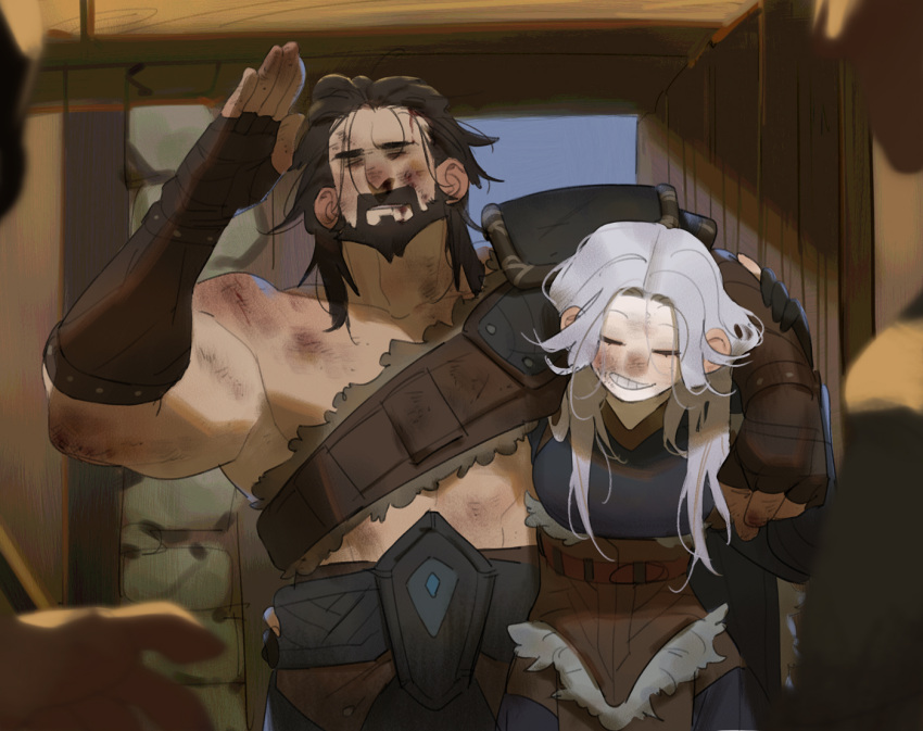 1boy 1girl ashe_(league_of_legends) beard breasts brown_gloves bruise bruise_on_face closed_mouth facial_hair facing_viewer fingerless_gloves gloves grey_hair grin hand_up indoors injury knbn_0728 large_breasts league_of_legends long_hair medium_hair open_door shoulder_plates single_bare_shoulder smile teeth tryndamere