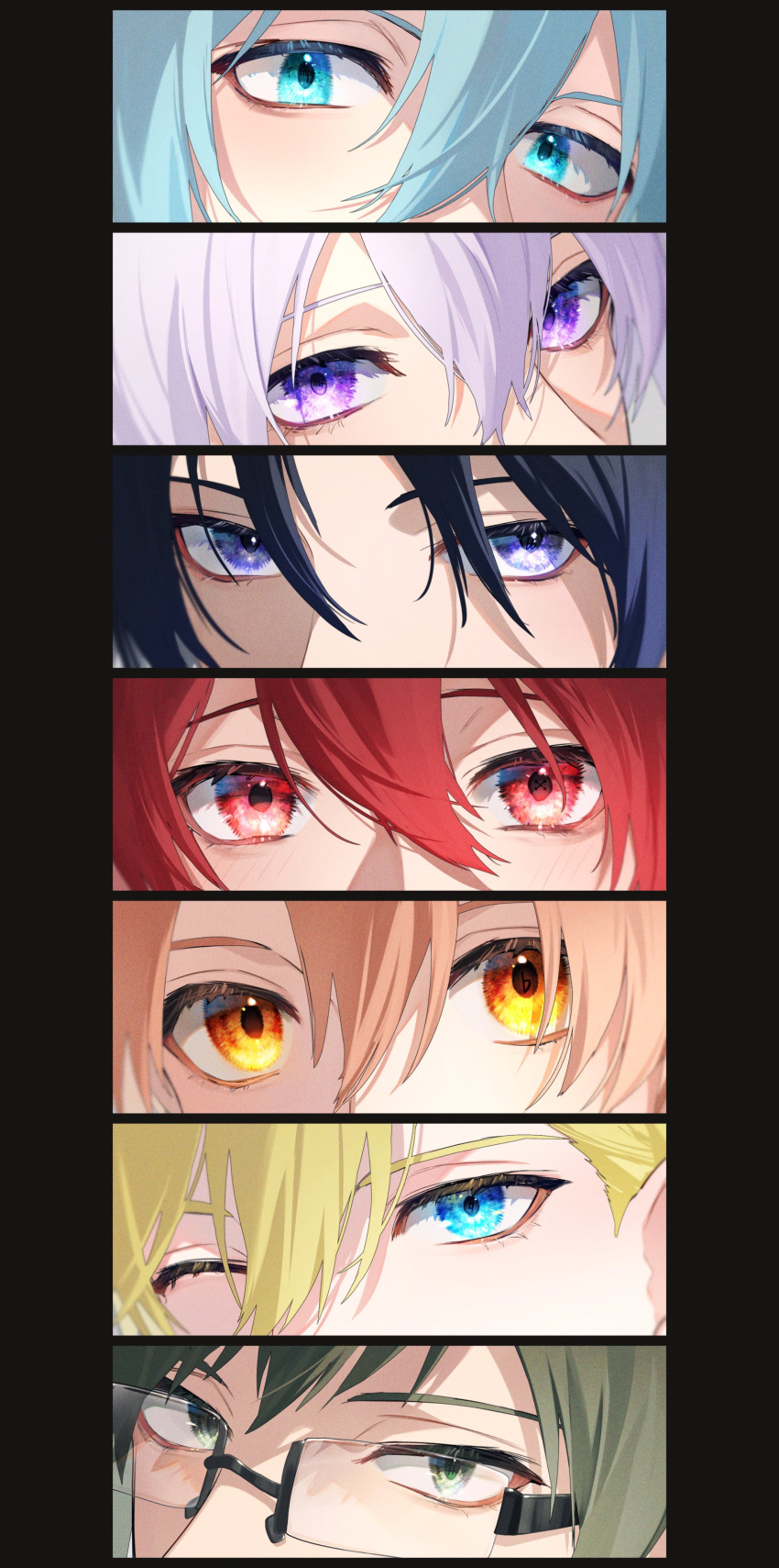 6+boys absurdres aiue_o_eiua black_background black_hair blonde_hair blue_eyes blue_hair colored_eyelashes english_commentary eye_focus eyelashes green_eyes green_hair highres idolish7 idolish7_(idolish7) izumi_iori izumi_mitsuki looking_at_viewer male_focus multiple_boys nanase_riku nikaido_yamato one_eye_closed orange_eyes orange_hair osaka_sougo purple_eyes purple_hair red_eyes red_hair rokuya_nagi simple_background yotsuba_tamaki