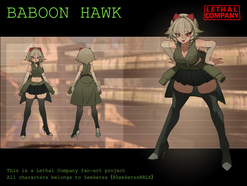 1girl baboon_hawk_(lethal_company) black_skirt boots breasts clothes_around_waist crop_top detached_sleeves green_footwear grey_hair hair_between_eyes hands_on_own_hips highres humanization jacket jacket_around_waist kamitoge_supino leaning_forward lethal_company long_sleeves looking_at_viewer medium_breasts navel pleated_skirt red_eyes sharp_teeth sidelocks skirt standing teeth thighs upper_teeth_only