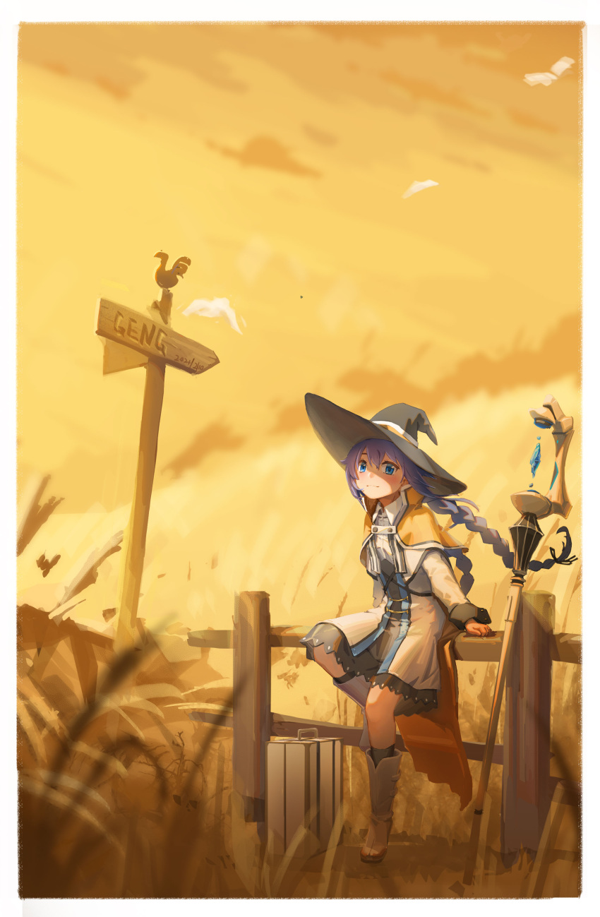1girl absurdres against_railing bird black_dress black_socks blue_eyes blue_hair boots braid brown_capelet capelet closed_mouth crystal dress fence flat_chest full_body hair_between_eyes hat highres jacket looking_at_viewer mage_staff mushoku_tensei railing road_sign roxy_migurdia sign socks solo stalin_(artist) suitcase sunset twin_braids wheat_field white_capelet white_footwear white_jacket wind witch_hat wooden_fence