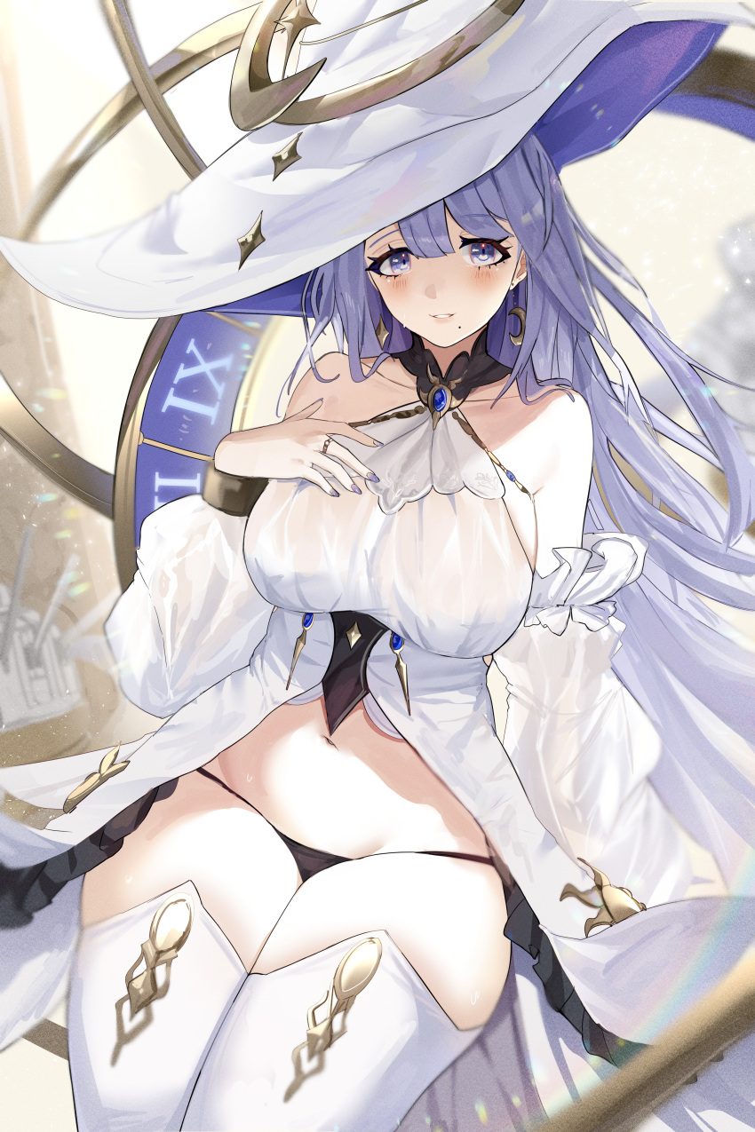 1girl absurdres azur_lane bare_shoulders black_panties blush breasts collarbone crescent crescent_earrings detached_sleeves dress earrings frilled_dress frills groin guichen_(azur_lane) hand_up hat highres jewelry large_breasts mole mole_under_mouth navel panties parted_lips purple_eyes purple_hair purple_nails ring skyfracture smile solo star_(symbol) star_earrings stomach thighhighs turret underwear white_dress white_headwear white_sleeves white_thighhighs witch_hat