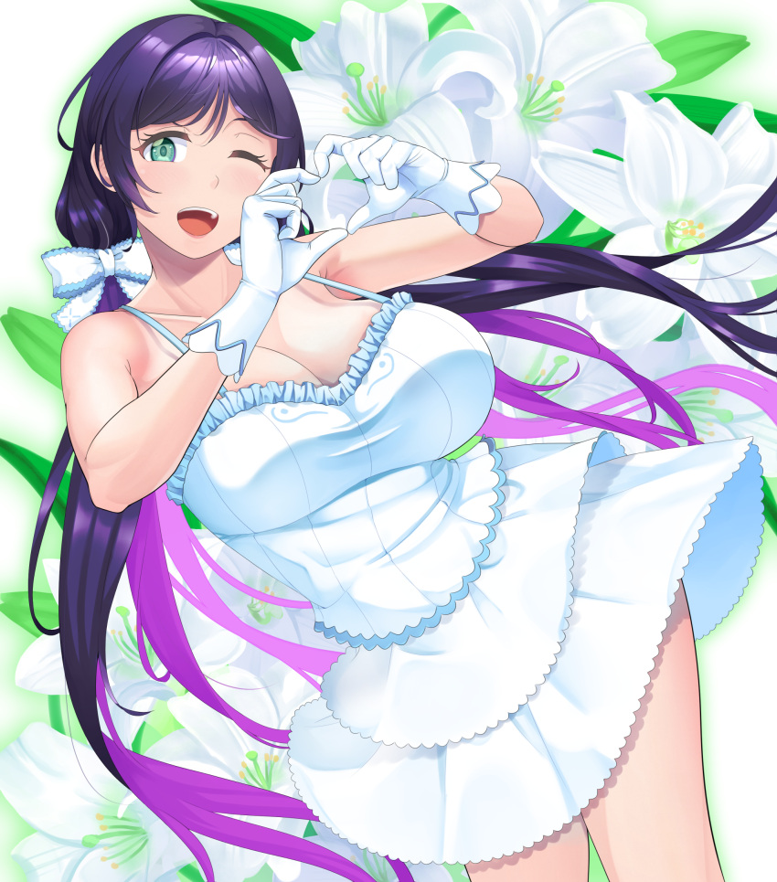 1girl ;d absurdres birthday bow breasts cleavage collarbone commentary_request cowboy_shot dress dutch_angle feet_out_of_frame floral_background flower gloves green_eyes happy heart heart_hands highres large_breasts looking_at_viewer love_live! love_live!_school_idol_project low_twintails mizuno_kakeru one_eye_closed purple_hair smile solo sundress teeth toujou_nozomi twintails upper_teeth_only white_bow white_dress white_flower