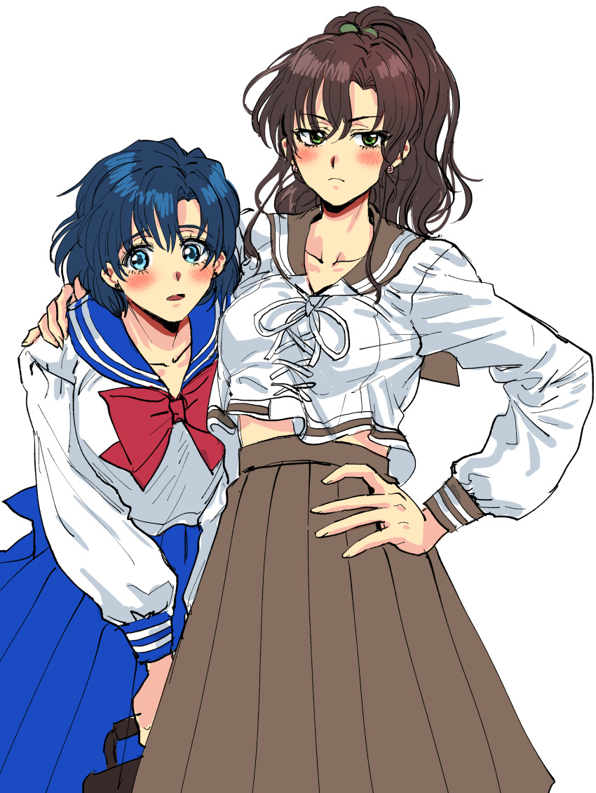2girls absurdres bag bishoujo_senshi_sailor_moon blue_eyes blue_hair blue_sailor_collar blue_skirt blush bow breasts brown_hair brown_sailor_collar brown_skirt closed_mouth collarbone earrings eyelashes flower_earrings green_eyes hair_bobbles hair_ornament hand_on_another's_shoulder hand_on_own_hip highres jewelry juuban_middle_school_uniform kino_makoto kino_makoto's_school_uniform kuya_(hey36253625) long_hair long_skirt long_sleeves looking_to_the_side medium_breasts midriff_peek mizuno_ami multiple_girls open_mouth parted_bangs pleated_skirt ponytail red_bow ribbon sailor_collar school_bag school_uniform serafuku short_hair simple_background sketch skirt wavy_hair white_background white_ribbon yuri