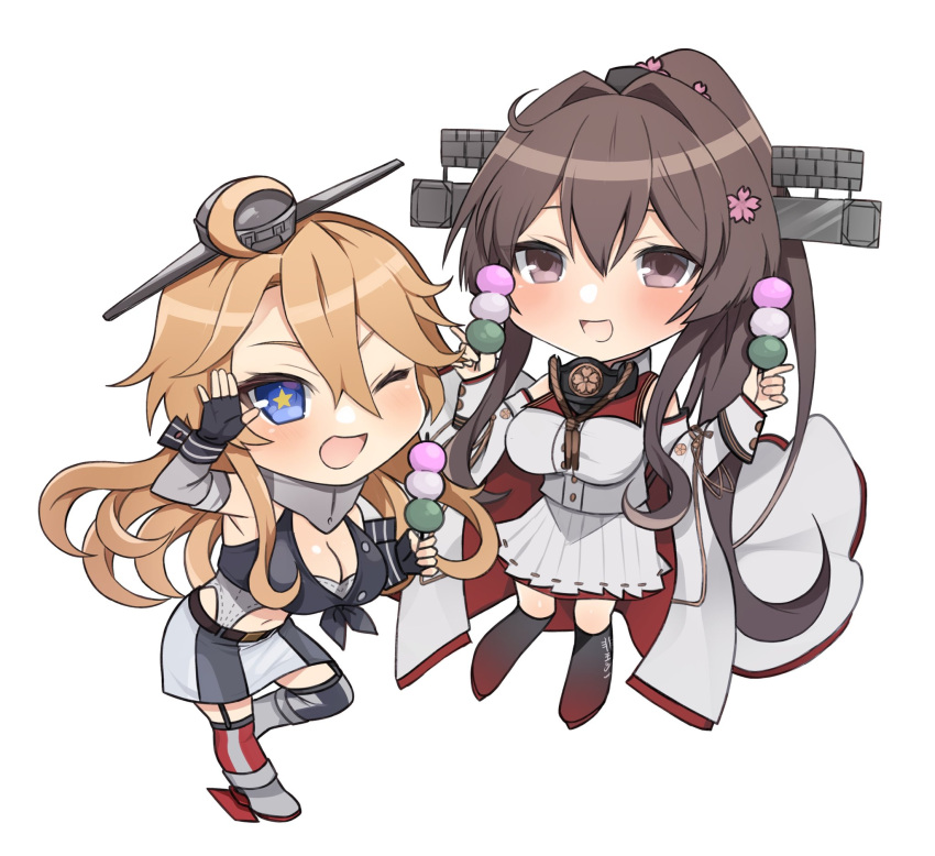 2girls blonde_hair blue_eyes blush breasts brown_eyes brown_hair chibi cleavage dango elbow_gloves fingerless_gloves fire flower food garter_straps gloves hair_between_eyes hair_flower hair_ornament headgear highres holding holding_food iowa_(kancolle) kantai_collection large_breasts long_hair multiple_girls navel one_eye_closed open_mouth pencil_skirt pink_fire sanshoku_dango skirt star-shaped_pupils star_(symbol) symbol-shaped_pupils thighhighs toriniku_senshi_chikinman very_long_hair wagashi wide_sleeves yamato_(kancolle) yamato_kai_ni_(kancolle)