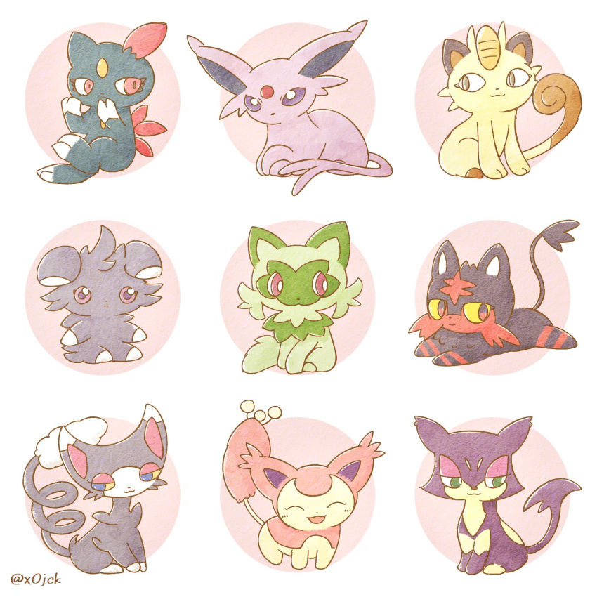 :3 animal_focus artist_name black_fur blue_eyes bright_pupils brown_eyes claws closed_mouth colored_sclera commentary_request curled_tail espeon espurr forehead_jewel forked_tail glameow green_eyes green_fur grey_fur highres jack-san litten lying meowth no_humans on_stomach pokemon pokemon_(creature) purple_eyes purple_fur purrloin red_eyes red_fur sitting skitty smile sneasel species_connection sprigatito tail twitter_username two-tone_fur white_pupils yellow_sclera