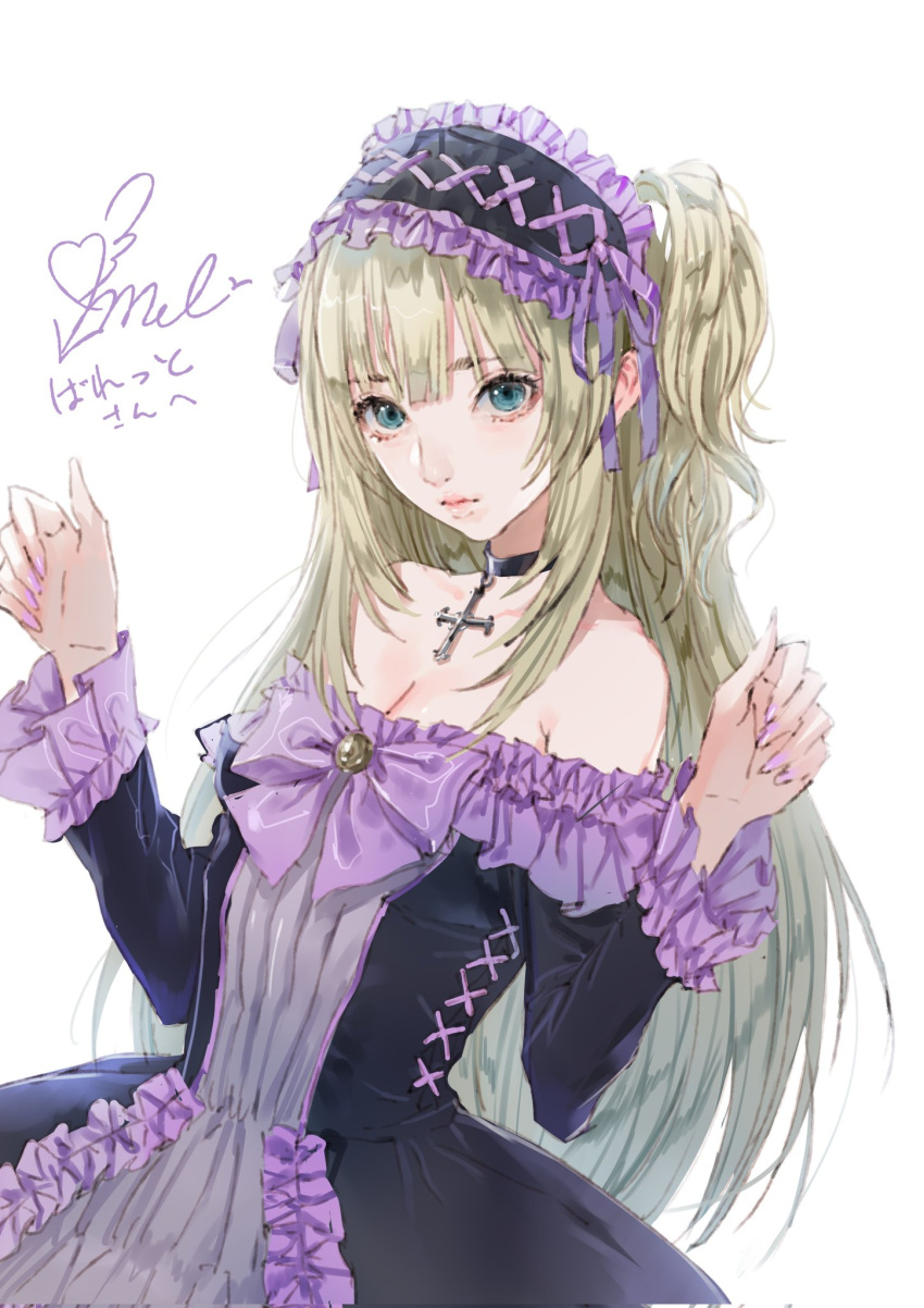 1girl bare_shoulders black_dress blonde_hair blue_eyes choker commission cross cross_choker dress expressionless fingernails frilled_dress frilled_hairband frills gothic_lolita hairband hands_up highres kishida_mel lolita_fashion lolita_hairband long_fingernails long_hair looking_at_viewer original pink_nails purple_dress purple_hairband second-party_source simple_background skeb_commission solo two-tone_dress upper_body white_background