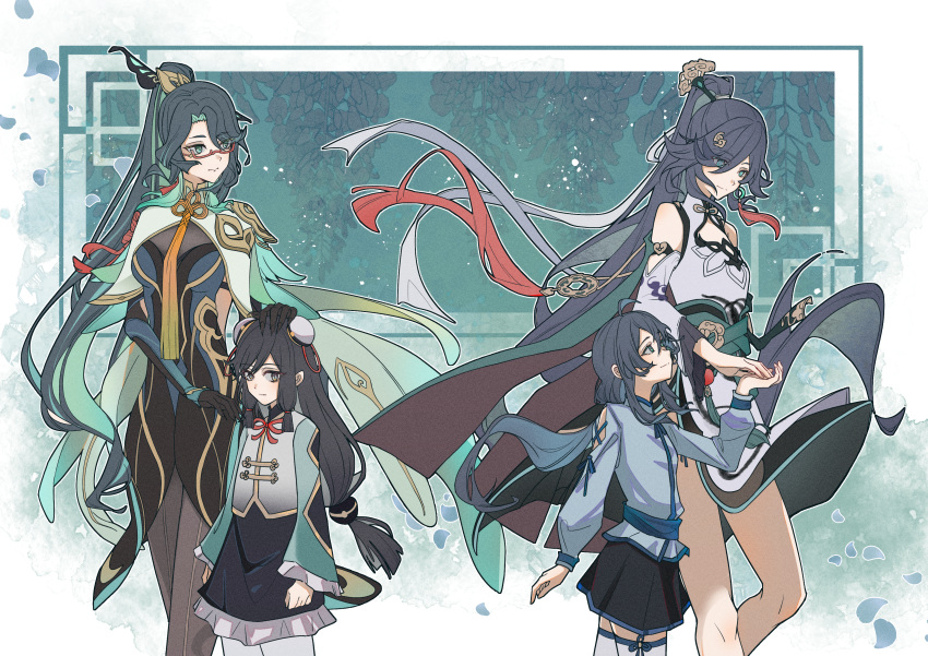 4girls absurdres aged_down ahoge aqua_cape aqua_eyes aqua_hair bare_shoulders bird_hair_ornament black_dress black_gloves black_hair black_skirt blue_eyes blue_hair blue_shirt bun_cover cape cheng_lixue china_dress chinese_clothes cleavage_cutout clothing_cutout cloud_retainer_(genshin_impact) commentary_request cowboy_shot detached_sleeves double_bun dress earrings feet_out_of_frame fu_hua fu_hua_(azure_empyrea) genshin_impact glasses gloves grey_eyes grey_hair hair_bun hair_ornament hair_over_one_eye hairpin hand_on_another's_head hanfu height_difference high_ponytail highres honkai_(series) honkai_impact_3rd jewelry long_hair looking_at_another low-tied_long_hair mimkmo miniskirt multiple_girls paintbrush paintbrush_hair_ornament pantyhose pleated_sleeves ponytail red-framed_eyewear shenhe_(genshin_impact) shirt shoulder_cutout single_earring skirt standing tassel tassel_earrings very_long_hair white_dress white_pantyhose wide_sleeves yin_yang