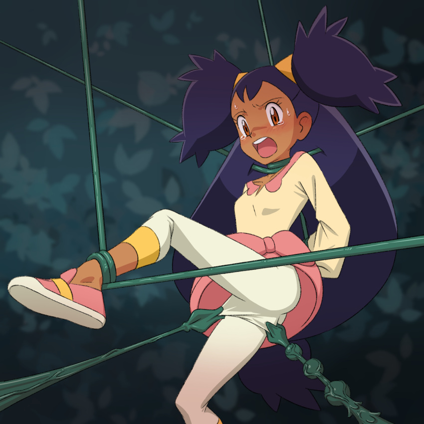 1girl arm_behind_back blush brown_eyes clothes_tug collarbone commentary_request dark-skinned_female dark_skin eyelashes highres iris_(pokemon) leg_up leggings long_hair looking_down miraa_(chikurin) open_mouth pink_footwear pink_skirt plant pokemon pokemon_bw purple_hair restrained shirt shoe_soles shoes skirt sweat tearing_up teeth tentacles tongue two_side_up upper_teeth_only vines yellow_shirt