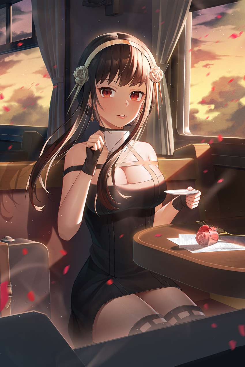 1girl black_dress black_hair boots breasts cleavage cup curtains dress flower gold_hairband hairband highres holding holding_cup holding_saucer looking_at_viewer medium_breasts petals red_eyes red_flower red_rose rose rose_petals saucer sitting solo spy_x_family teacup thigh_boots train_interior wa_(user_snch2757) window yor_briar