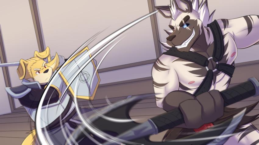 action_pose action_scene artemi_(temptations_ballad) barbarian bird_dog canid canine canis domestic_dog duo female fight fight_scene golden_retriever hi_res hunting_dog hyena male mammal marrow_(temptations_ballad) motion_lines paladin pose retriever shirokoi striped_hyena temptations_ballad_(visual_novel) visual_novel weapon