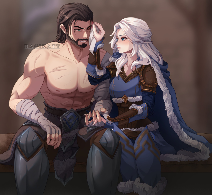 1boy 1girl abs absurdres artist_name ashe_(league_of_legends) beard blue_eyes brown_hair collarbone couple dagikatt english_commentary facial_hair fingernails highres holding_hands husband_and_wife injury league_of_legends long_hair looking_at_another muscular muscular_male nipples one_eye_closed short_hair sitting smile tryndamere white_hair