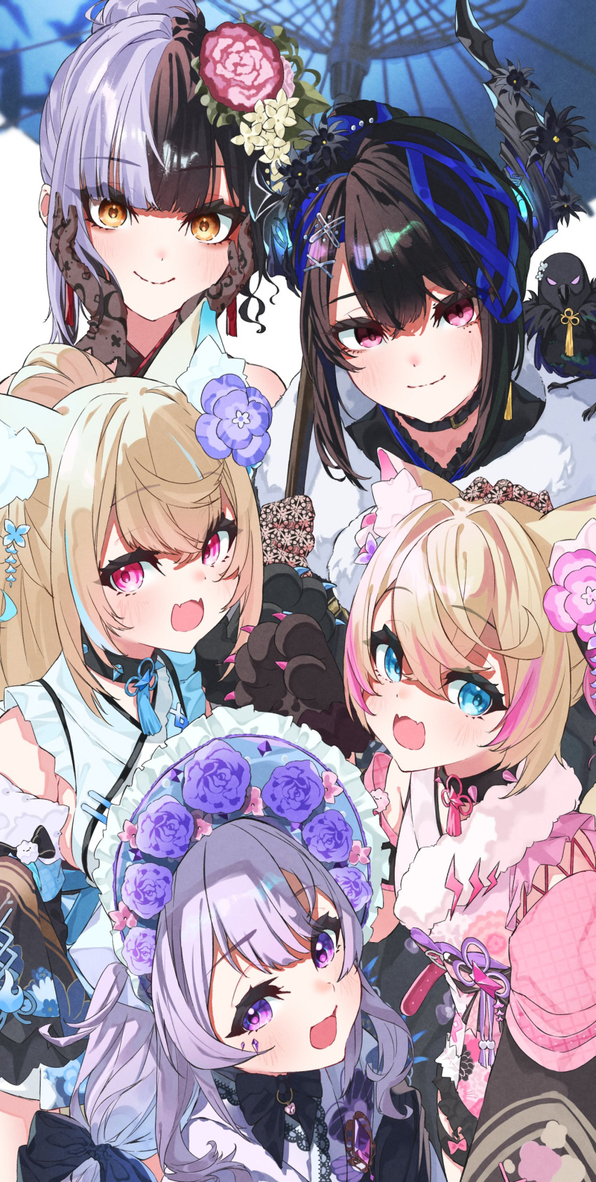5girls absurdres animal_ears animal_hands animal_on_shoulder asymmetrical_horns azusa_(azunyan12) bird bird_on_shoulder black_hair blonde_hair blue_eyes bonnet collar demon_horns dog_ears dog_girl fangs flower fuwawa_abyssgard fuwawa_abyssgard_(new_year) gloves grey_hair hair_flower hair_ornament hands_on_own_face highres holoadvent hololive hololive_english horns japanese_clothes kimono koseki_bijou koseki_bijou_(new_year) lace lace_gloves long_hair mococo_abyssgard mococo_abyssgard_(new_year) mole mole_under_eye multicolored_hair multiple_girls nerissa_ravencroft nerissa_ravencroft_(new_year) official_alternate_costume oil-paper_umbrella orange_eyes paw_gloves pink_eyes pink_kimono ponytail purple_eyes purple_kimono red_eyes shadow_(nerissa_ravencroft) shiori_novella shiori_novella_(new_year) siblings sisters skin_fangs spiked_collar spikes split-color_hair twins umbrella virtual_youtuber