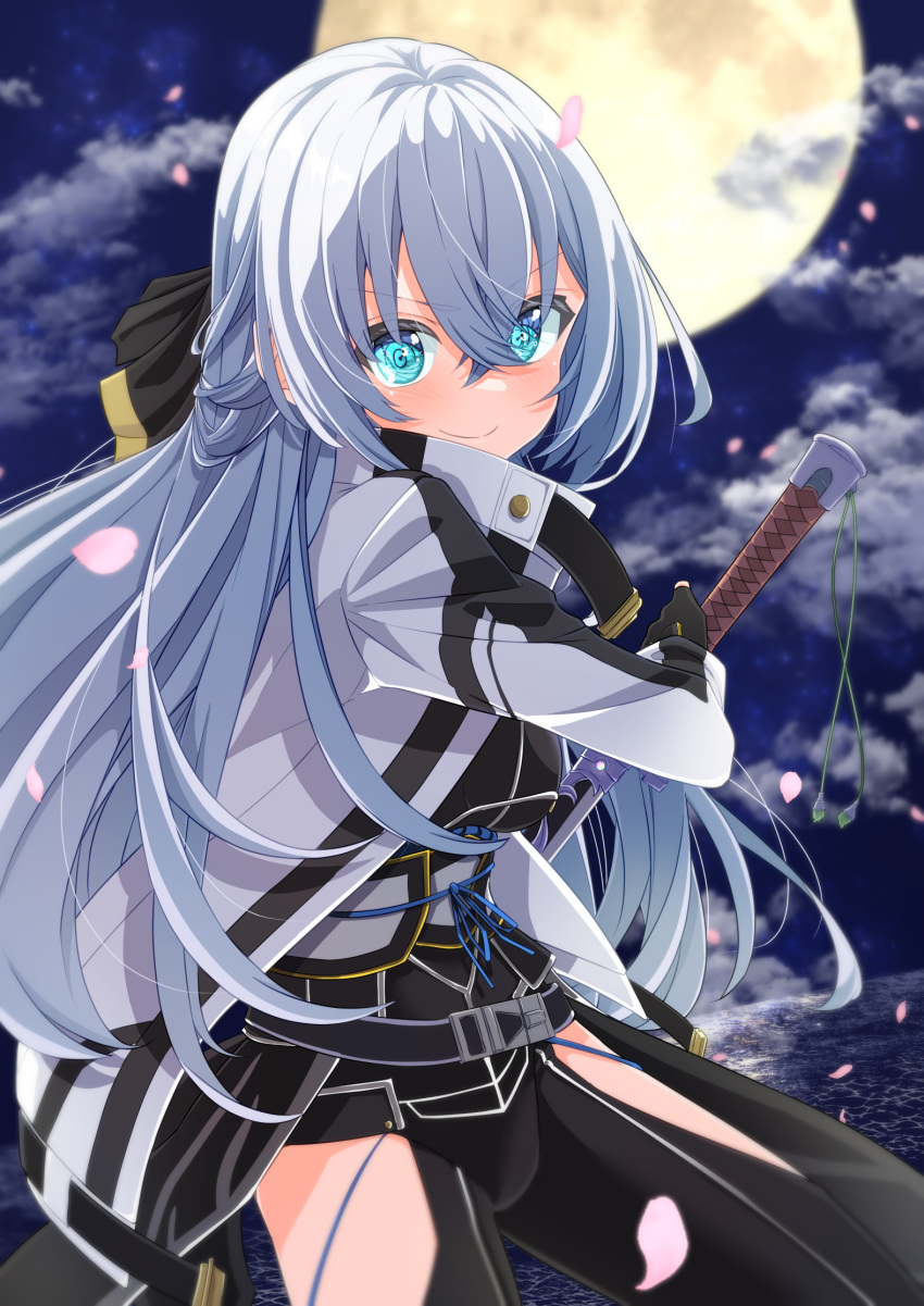 1girl black_gloves blue_eyes cherry_blossoms clothing_cutout cloud coat commission double-parted_bangs eiyuu_densetsu falling_petals fingerless_gloves floating_hair full_moon gloves godai_01 hair_between_eyes half_updo highres holding holding_sword holding_weapon long_hair looking_at_viewer moon night night_sky open_clothes open_coat outdoors petals pixiv_commission pommel_tassel shizuna_rem_misurugi sky smile solo sword tassel thigh_cutout thighhighs weapon white_hair