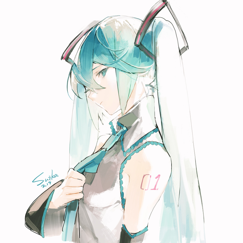 1girl absurdres bare_shoulders black_sleeves blue_eyes blue_hair blue_necktie chinese_commentary closed_mouth collared_shirt commentary_request cui_(jidanhaidaitang) dated detached_sleeves eyelashes from_side frown hair_between_eyes hair_ornament hatsune_miku highres holding_necktie lace-trimmed_collar lace-trimmed_shirt lace_trim long_hair long_sleeves looking_at_viewer necktie number_tattoo one_eye_closed shirt shoulder_tattoo signature simple_background sleeveless sleeveless_shirt solo tattoo twintails upper_body vocaloid white_background white_shirt wide_sleeves