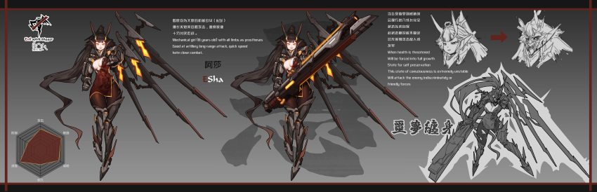 1girl absurdres arrow_(symbol) black_horns breasts brown_hair brown_pantyhose character_profile chinese_commentary chinese_text clenched_hands clothes_writing commentary_request concept_art cyborg dated diagram energy_gun english_text full_body grey_background highres holding holding_weapon horns huge_weapon liren44 long_hair looking_at_viewer mechanical_arms mechanical_ears mechanical_hands mechanical_horns mechanical_legs mechanical_wings medium_breasts metal multiple_views open_mouth orange_eyes orange_horns original pantyhose ponytail science_fiction serious sharp_teeth smile stats teeth translation_request two-handed upper_teeth_only very_long_hair weapon wings