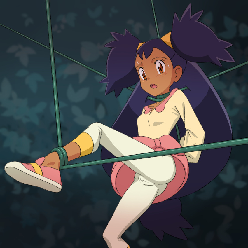 1girl :o arm_behind_back blush brown_eyes collarbone commentary_request dark-skinned_female dark_skin eyelashes highres iris_(pokemon) leg_up leggings long_hair looking_down miraa_(chikurin) open_mouth pink_footwear pink_skirt plant pokemon pokemon_bw purple_hair raised_eyebrow restrained shirt shoe_soles shoes skirt solo sweat tongue two_side_up vines yellow_shirt