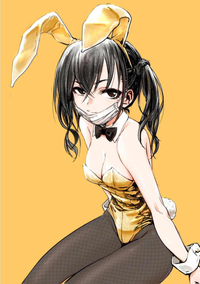 1girl animal_ears black_eyes black_hair breasts cleavage dokuromaru fake_animal_ears fake_tail fishnet_pantyhose fishnets highres idolmaster idolmaster_cinderella_girls leotard long_hair looking_at_viewer mask mask_pull medium_breasts mole mole_under_eye mouth_mask pantyhose playboy_bunny rabbit_ears rabbit_tail simple_background sitting solo strapless strapless_leotard sunazuka_akira surgical_mask tail twintails wrist_cuffs yellow_background yellow_leotard