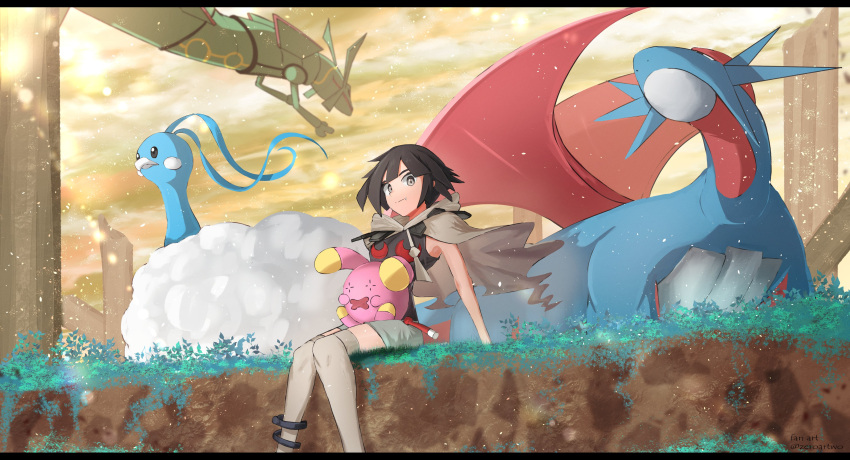 1girl absurdres altaria bird black_hair blue_skin closed_mouth cloud colored_skin commentary_request dirt dragon_wings fluffy grey_eyes grey_scarf highres joints on_grass pokemon pokemon_(creature) pokemon_oras rayquaza salamence scarf short_hair shorts sitting sky whismur wings yellow_sky zeroartwo zinnia_(pokemon)