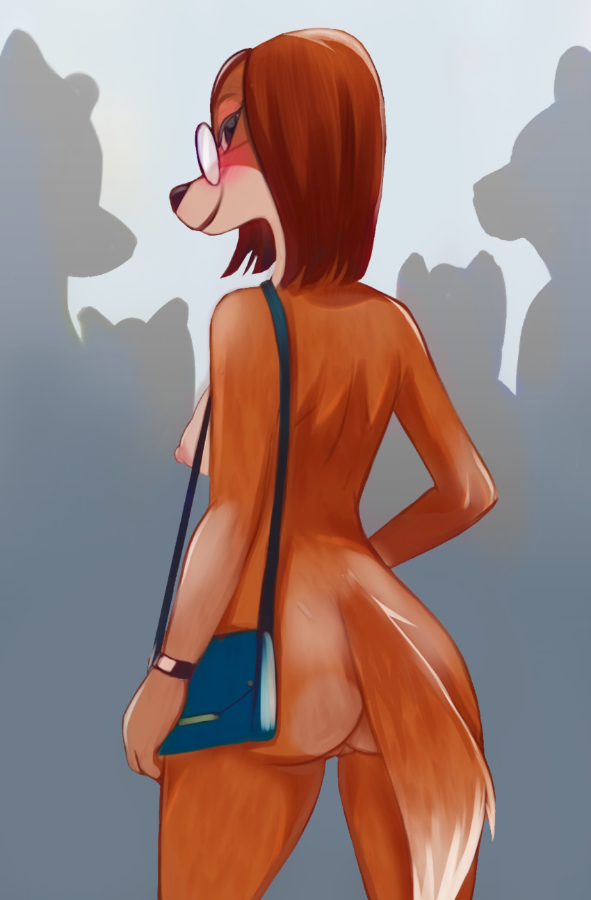 anthro blush brown_body brown_fur brown_hair butt canid canine canis casual_nudity domestic_dog eyewear female fur glasses group hair hi_res hunting_dog illumination_entertainment mammal public purse rear_view rin_tyan round_glasses saluki sighthound silhouette sing_(movie) smile solo solo_focus standing suki_lane tail