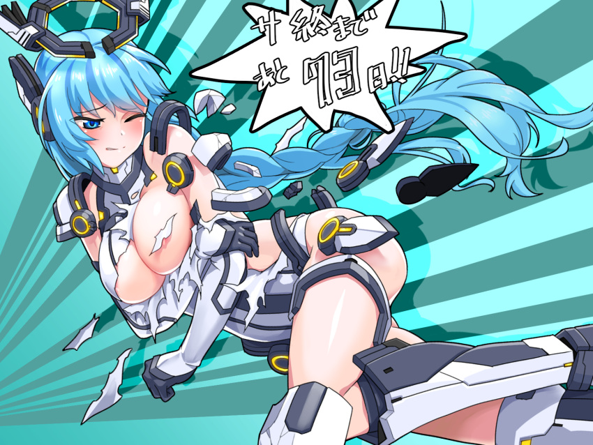 1girl ai_yori_akashi blue_eyes blue_hair braid breasts cosmic_break cosmic_break_2 fiona_(cosmic_break) floating_hair halo headgear highres large_breasts leotard long_hair mecha_musume one_eye_closed single_braid torn_clothes very_long_hair