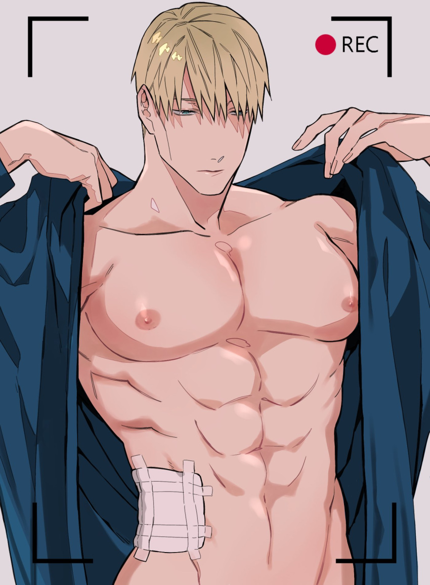 1boy abs alternate_eye_color bandages blonde_hair blue_eyes blue_shirt hair_down highres injury jujutsu_kaisen mochiya_(mochiya0504) muscular muscular_male nanami_kento pectorals recording shirt short_hair undressing upper_body