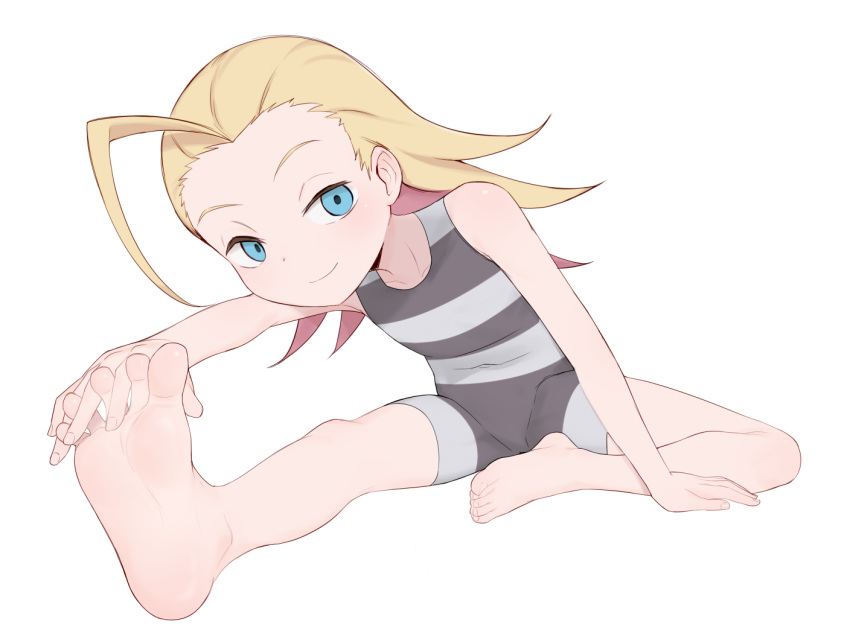 1girl barefoot between_toes blonde_hair blue_eyes closed_mouth do_it_yourself!! feet flat_chest juliet_queen_elizabeth_viii long_hair pestil simple_background smile soles solo spread_toes toes white_background