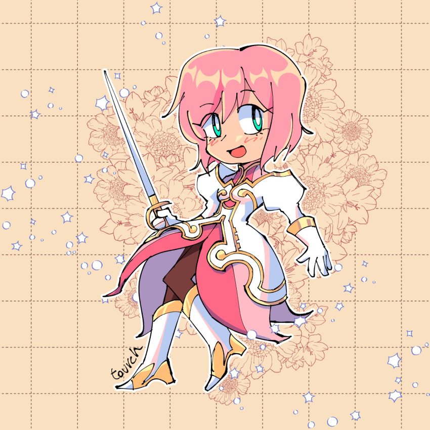 1girl armor armored_dress blush boots bright_pupils brown_background commentary dress english_commentary estellise_sidos_heurassein floral_background full_body gloves gold_trim green_eyes grid_background high_heel_boots high_heels highres holding holding_sword holding_weapon open_mouth pink_hair rapier short_hair smile solo sword tales_of_(series) tales_of_vesperia tovrch weapon white_dress white_footwear white_gloves white_pupils