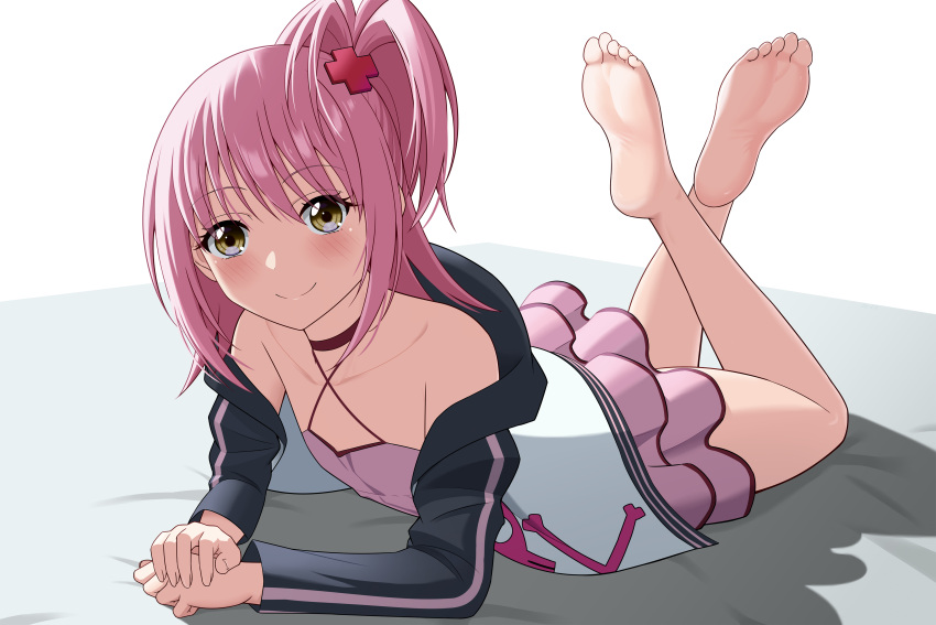 1girl absurdres bare_legs bare_shoulders barefoot bed_sheet black_jacket blush brown_eyes choker collarbone commentary_request crossed_ankles dress eyelashes feet_up flat_chest frilled_dress frills full_body grey_background hair_ornament highres hinamori_amu jacket lemon_kele long_hair looking_at_viewer lying off_shoulder on_stomach one_side_up open_clothes open_jacket pink_dress pink_hair red_choker shadow shugo_chara! sidelocks smile soles solo the_pose toenails toes white_background white_jacket
