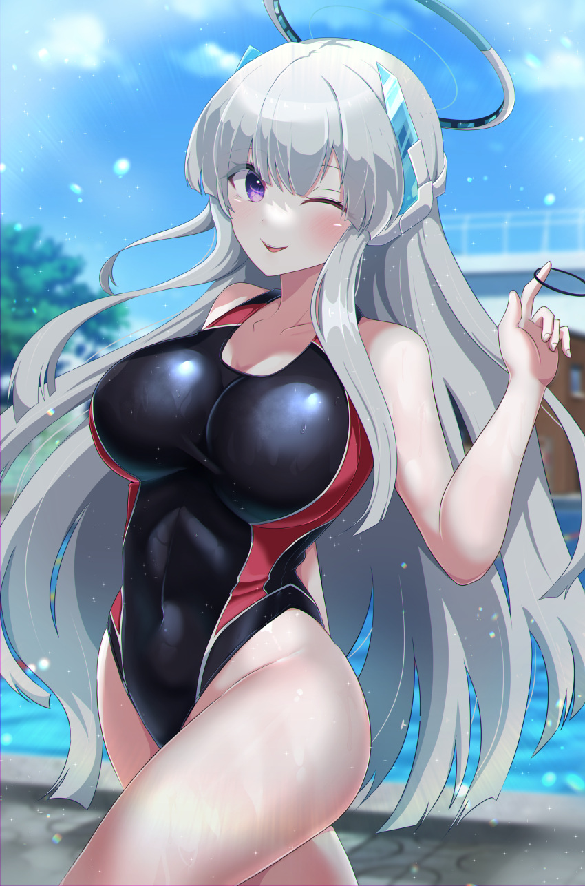 1girl absurdres amamiya_kure black_one-piece_swimsuit blue_archive blue_sky breasts building competition_swimsuit covered_navel day grey_hair halo headgear highleg highleg_swimsuit highres huge_breasts looking_at_viewer mechanical_halo noa_(blue_archive) one-piece_swimsuit one_eye_closed outdoors pool purple_eyes red_one-piece_swimsuit sky smile standing swimsuit two-tone_swimsuit