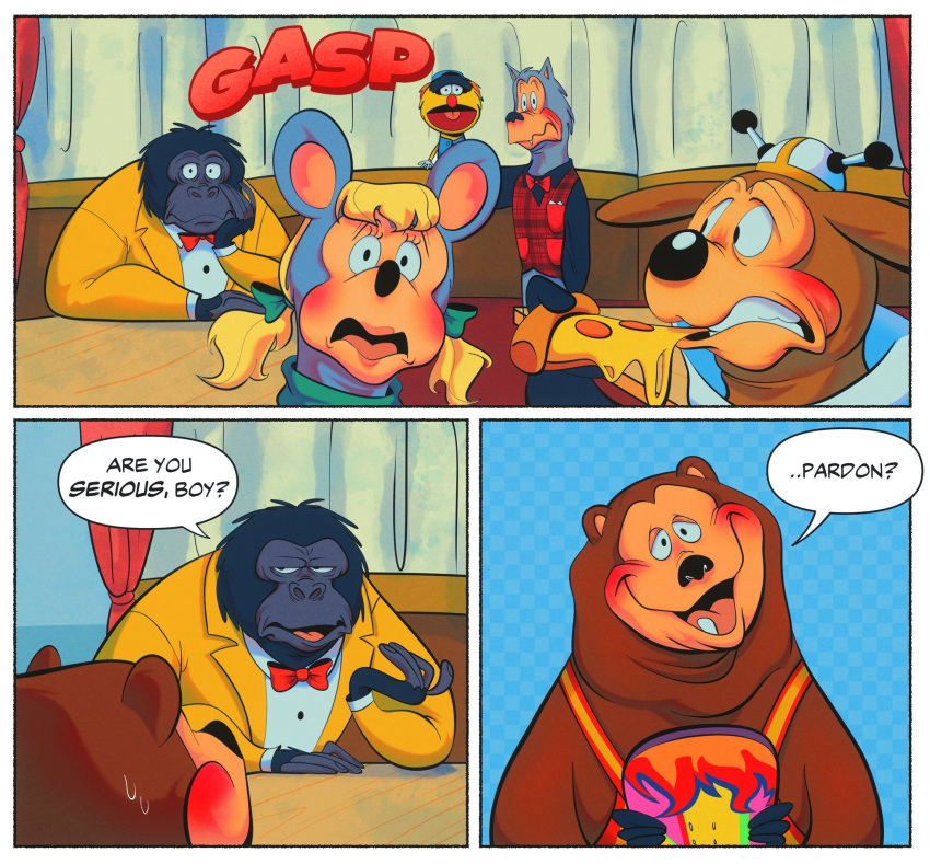 2023 animatronic anthro ape bear billy_bob_brockali bodily_fluids brown_bear brown_body brown_fur canid canine canis clothed clothing comic confusion creative_engineering_incorporated daisiloou detailed_background digital_media_(artwork) domestic_dog dook_larue earl_schmerle english_text fatz_geronimo_(character) female fur gorilla grizzly_bear hair haplorhine hi_res machine makeup male mammal mitzi_mozzarella mouse murid murine nervous overweight overweight_anthro overweight_male primate puppet robot rodent rolfe_dewolfe showbiz_pizza_place skateboard surprise surprised_expression sweat text the_rock-afire_explosion ursine wolf