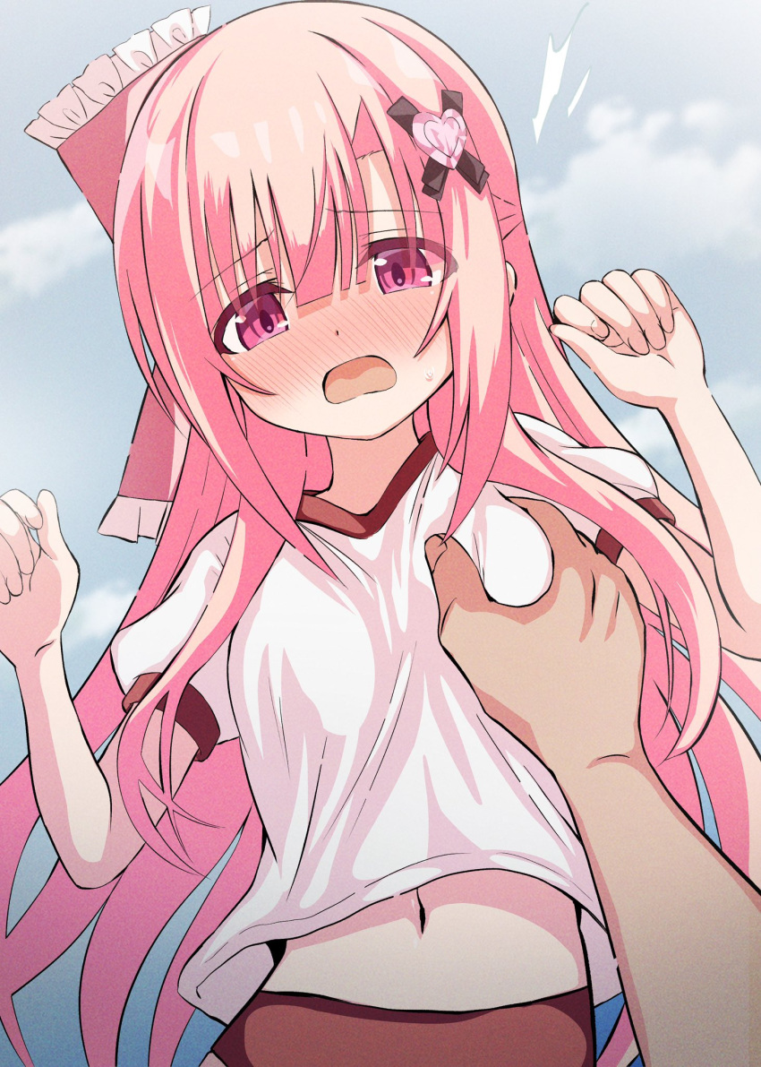 1girl artina bow buruma clenched_hands commentary_request embarrassed grabbing grabbing_another's_breast hair_bow hair_ornament highres long_hair looking_at_viewer navel open_mouth original pink_eyes pink_hair pov pov_hands sky solo_focus sweat