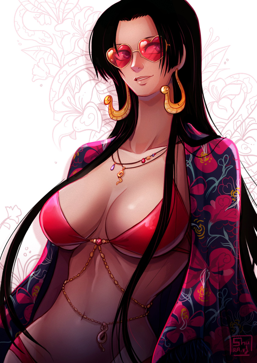 1girl absurdres bikini black_hair boa_hancock breasts cleavage earrings highres jewelry large_breasts long_hair navel one_piece shuravf snake_earrings solo sunglasses swimsuit tagme