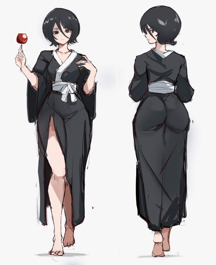 1girl ass barefoot black_eyes black_hair black_kimono bleach candy candy_apple closed_mouth english_commentary expressionless food full_body grey_background hair_between_eyes highres holding holding_candy holding_food japanese_clothes kimono kuchiki_rukia looking_at_viewer multiple_views rakeemspoon short_hair side_slit sketch solo