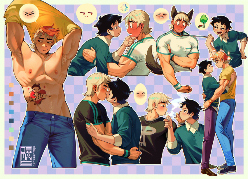 2boys abs animal_ears bara black_hair black_shirt blonde_hair blue_pants blue_shirt blush closed_eyes cosplay couple highres jezz_mons_art kiss large_pectorals looking_at_another male_focus multiple_boys muscular muscular_male navel nipples open_mouth orange_hair pants pectorals scott_pilgrim scott_pilgrim_(cosplay) scott_pilgrim_(series) scott_pilgrim_takes_off shirt short_hair smile tail todd_ingram undressing wallace_wells wolf_boy wolf_ears wolf_tail wristband yaoi